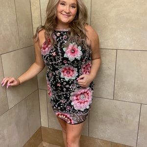 Primavera homecoming dress, black and beaded floral